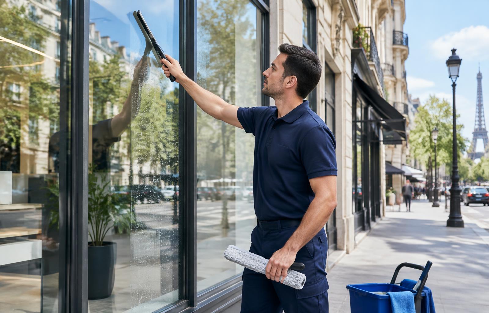 Nettoyage professionnel d'une vitrine de commerce à Reims